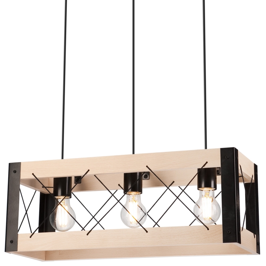 Hanglamp aan een koord FRIDA 3xE27/60W/230V zwart/beige beuken