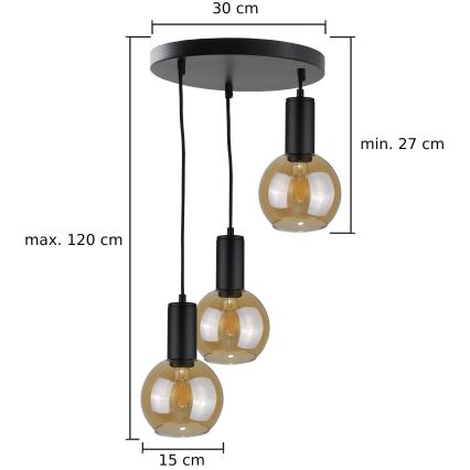 Hanglamp aan een koord JANTAR BLACK 3xE27/60W/230V diameter 30 cm