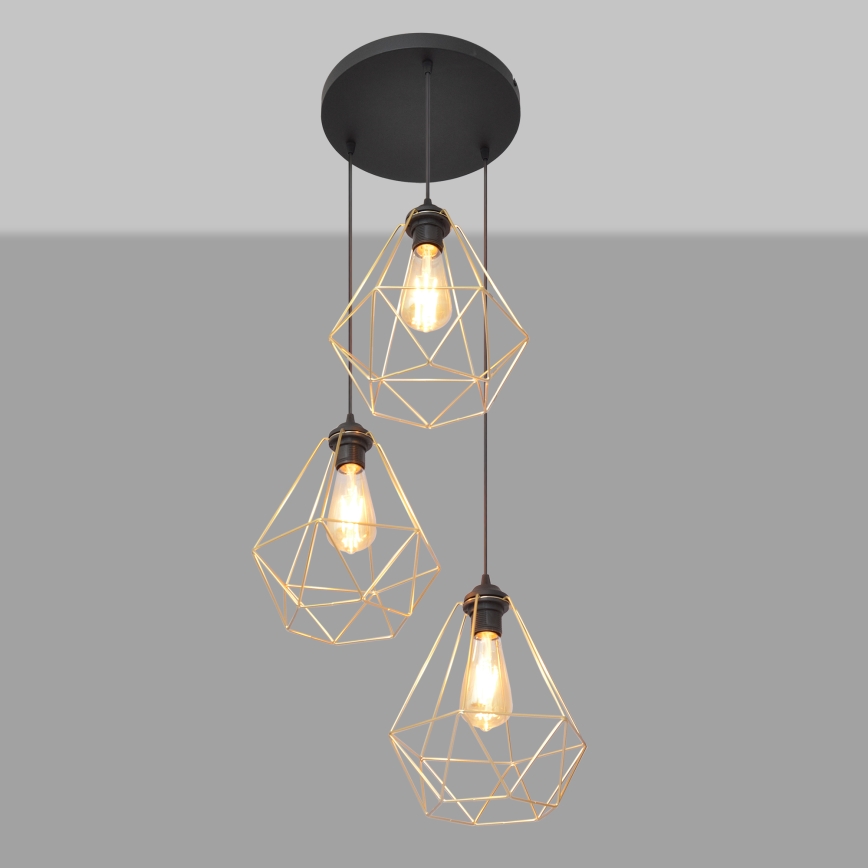 Hanglamp aan een koord KARO 3xE27/15W/230V goud/zwart