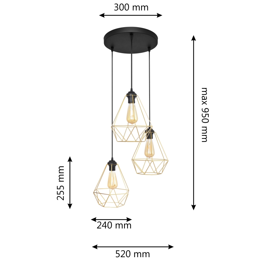 Hanglamp aan een koord KARO 3xE27/15W/230V goud/zwart