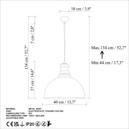 Hanglamp aan een koord KURE 1xE27/40W/230V diameter 40 cm grijs