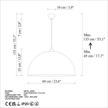 Hanglamp aan een koord KURE 1xE27/40W/230V diameter 60 cm grijs