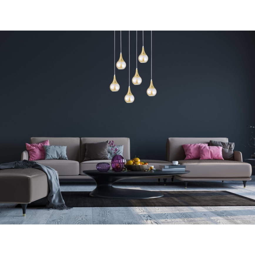Hanglamp aan een koord LACRIMA HONEY 6xE27/60W/230V wit/goud/gerookt beige