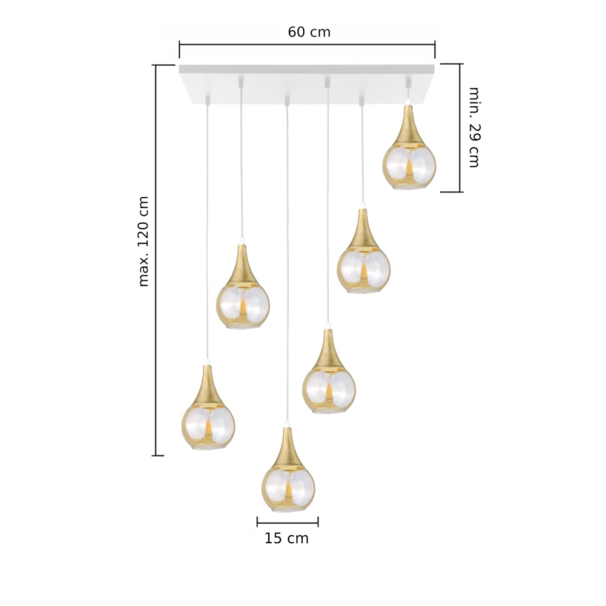 Hanglamp aan een koord LACRIMA HONEY 6xE27/60W/230V wit/goud/gerookt beige