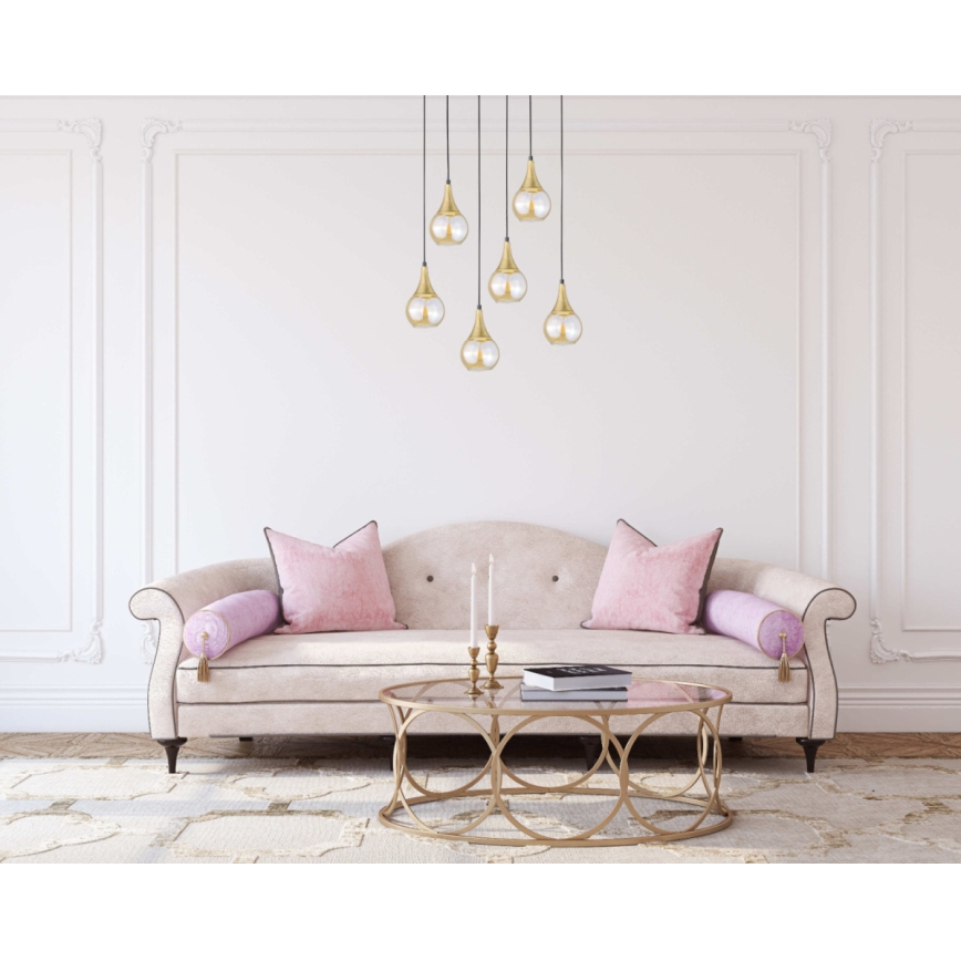 Hanglamp aan een koord LACRIMA HONEY 6xE27/60W/230V zwart/goud/gerookt beige