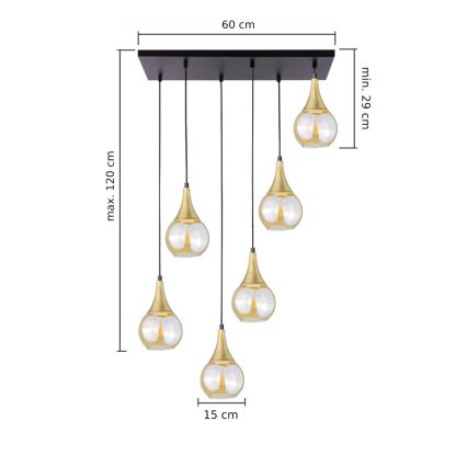 Hanglamp aan een koord LACRIMA HONEY 6xE27/60W/230V zwart/goud/gerookt beige