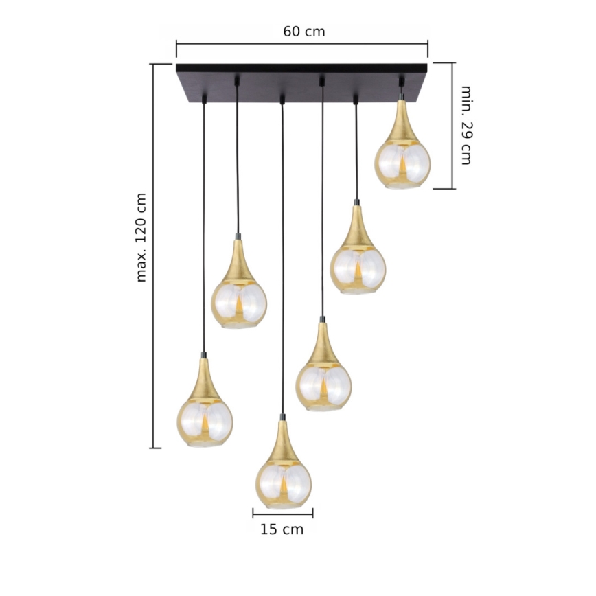 Hanglamp aan een koord LACRIMA HONEY 6xE27/60W/230V zwart/goud/gerookt beige