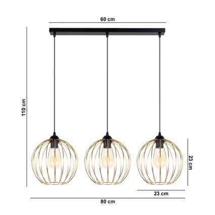 Hanglamp aan een koord MATT 3xE27/60W/230V zwart/gouden