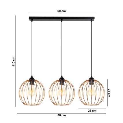 Hanglamp aan een koord MATT 3xE27/60W/230V zwart/koper