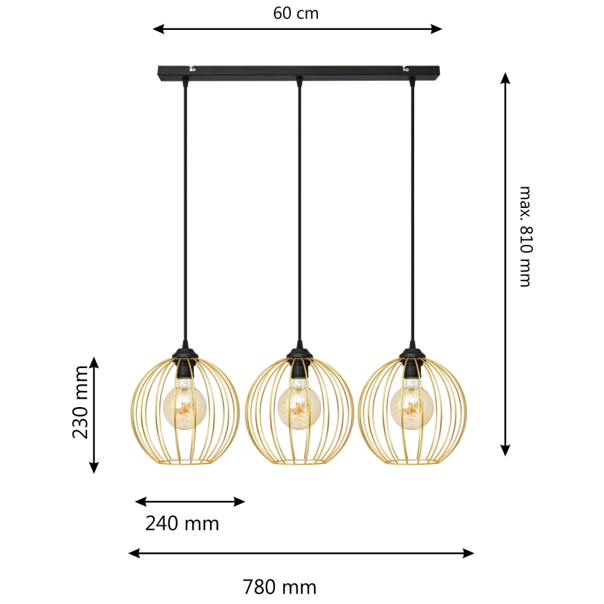 Hanglamp aan een koord MERCURE 3xE27/15W/230V goud/zwart