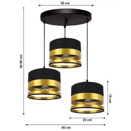 Hanglamp aan een koord MILO 3xE27/60W/230V goud/zwart