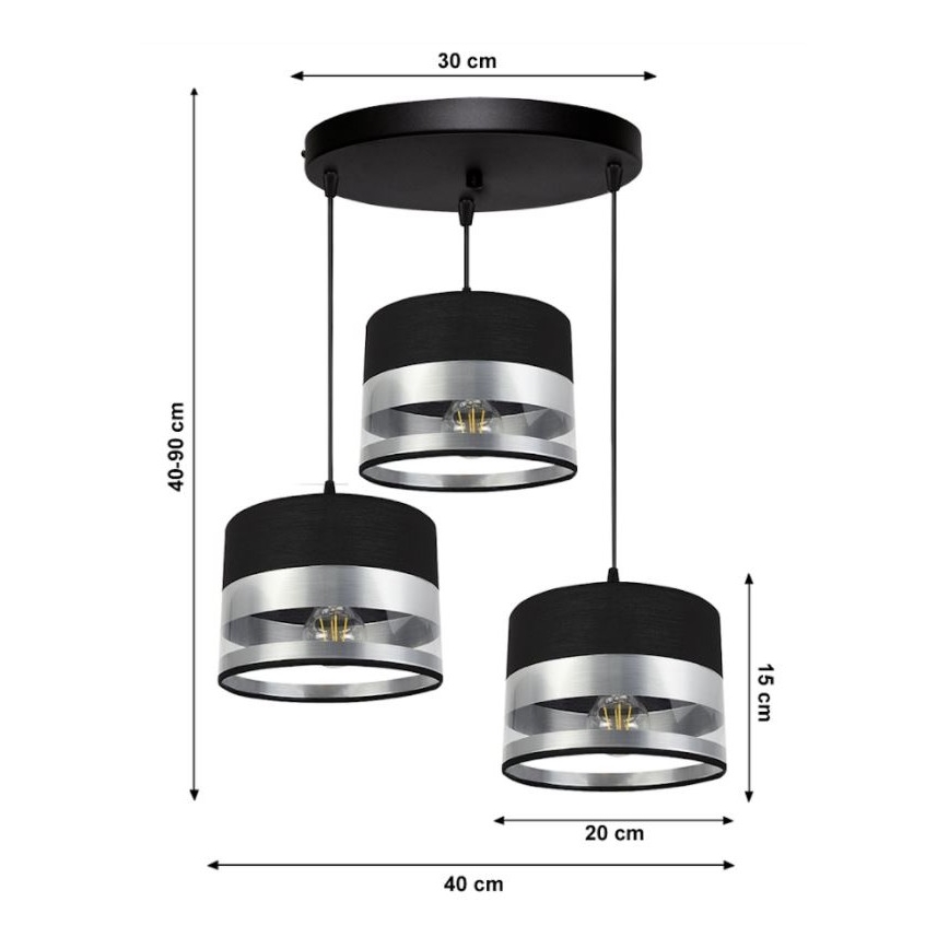 Hanglamp aan een koord MILO 3xE27/60W/230V zilver/zwart
