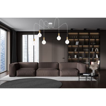 Hanglamp aan een koord MIROS 5xE27/60W/230V spin wit/goud