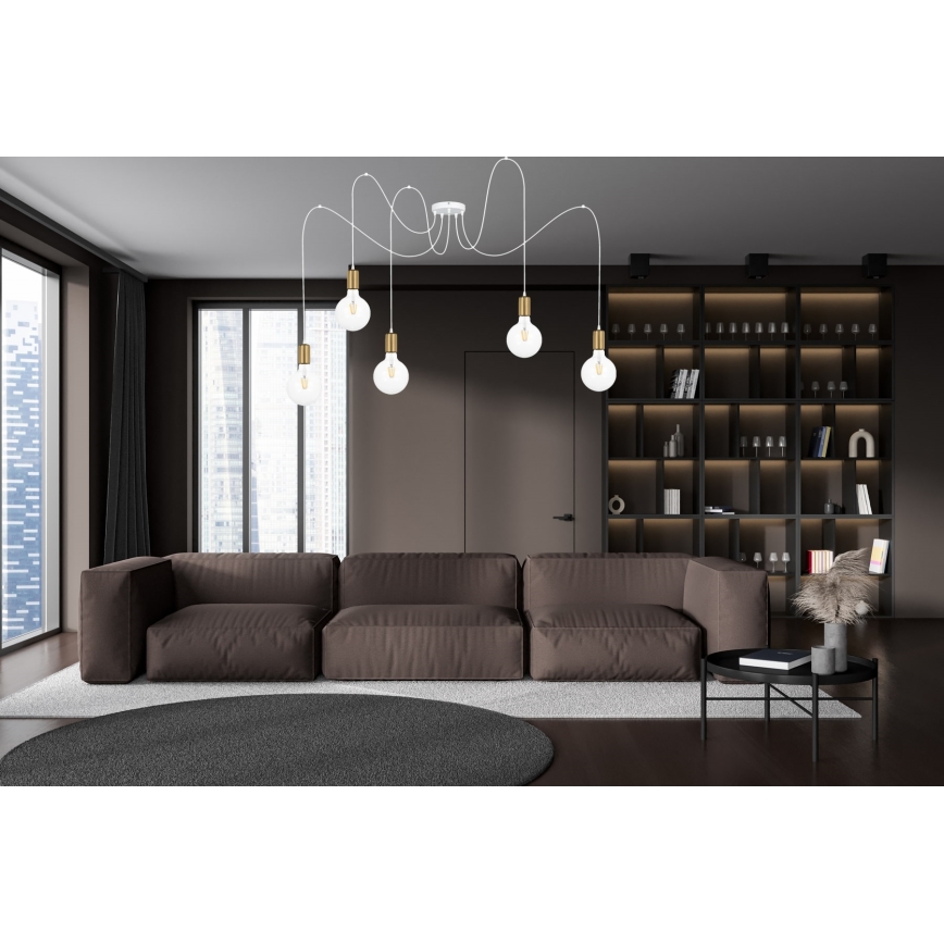 Hanglamp aan een koord MIROS 5xE27/60W/230V spin wit/goud