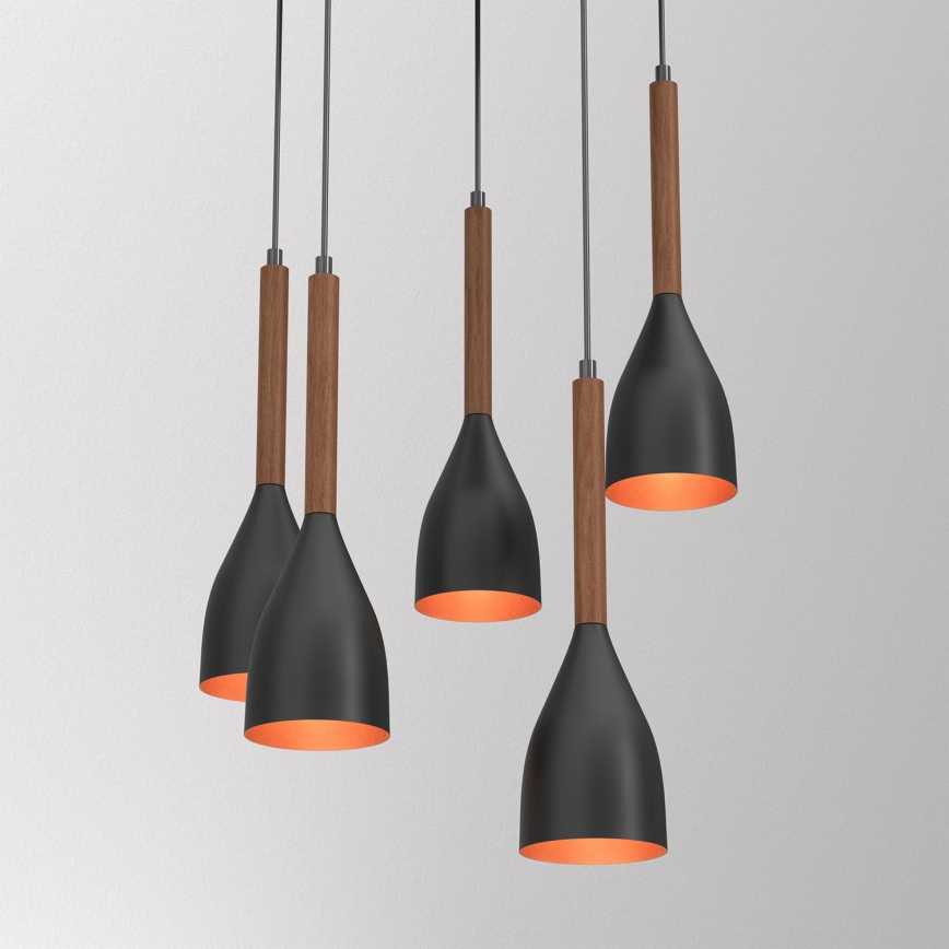 Hanglamp aan een koord MUZA 5xE27/15W/230V zwart/bruin/koper/beuken