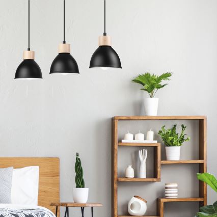 Hanglamp aan een koord NICO 3xE27/60W/230V zwart/beuken