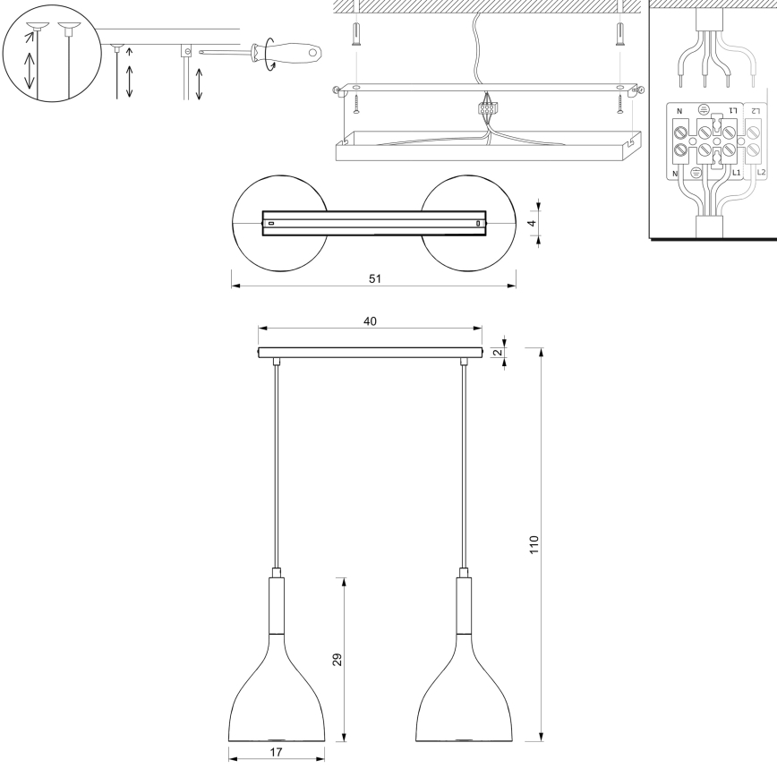 Hanglamp aan een koord NOAK 2xE27/15W/230V wit/glanzend chroom