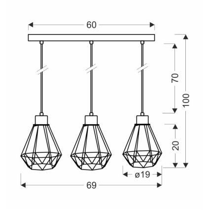 Hanglamp aan een koord PRIMO 3xE27/60W/230V zwart/goud