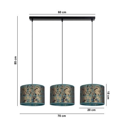 Hanglamp aan een koord REZO 3xE27/60W/230V goud/turkoois