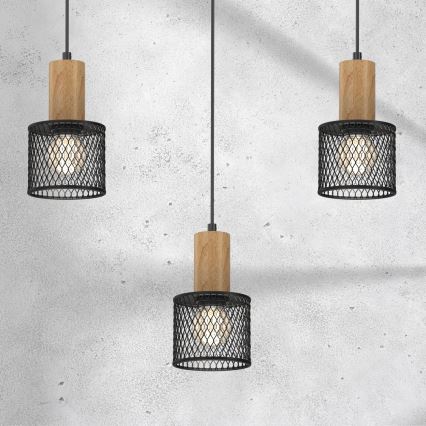 Hanglamp aan een koord SOBRESA 3xE27/60W/230V zwart/hout