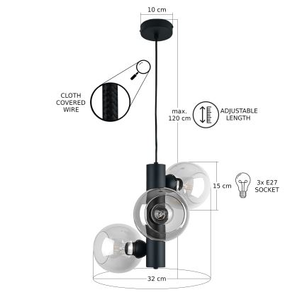 Hanglamp aan een koord TUBE 3xE27/60W/230V zwart/doorzichtig