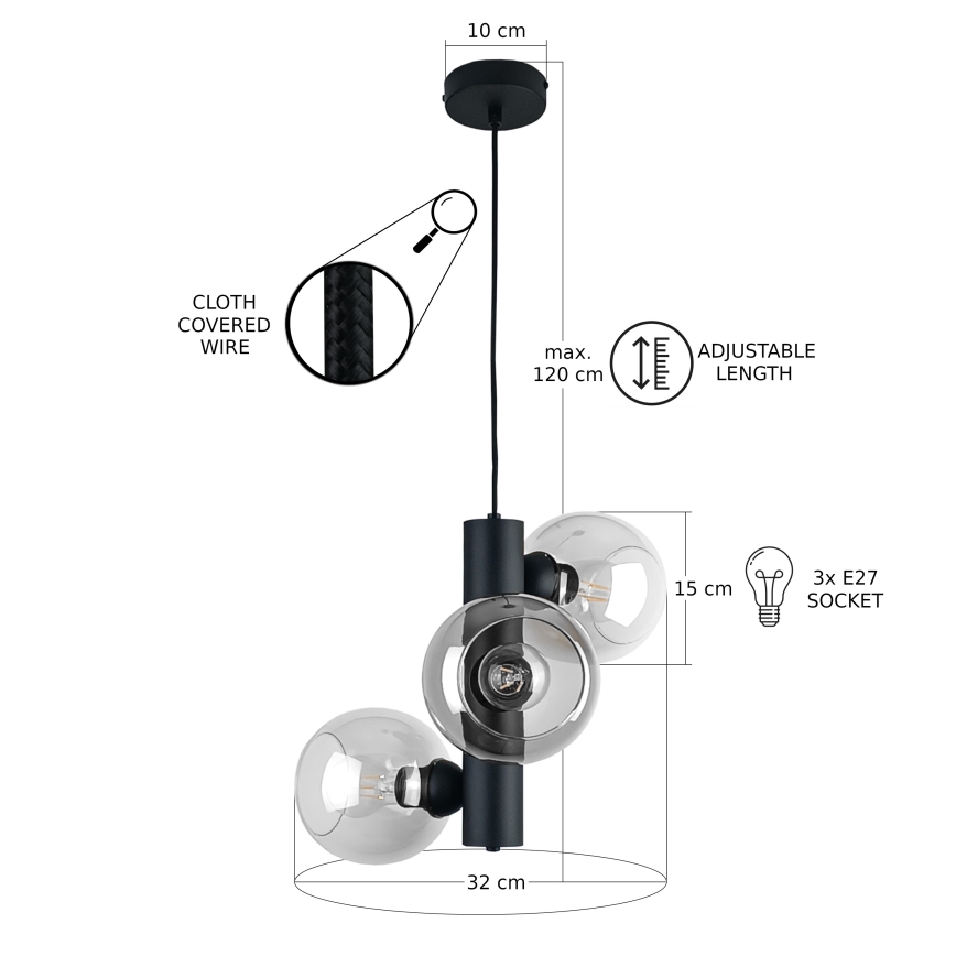 Hanglamp aan een koord TUBE 3xE27/60W/230V zwart/doorzichtig