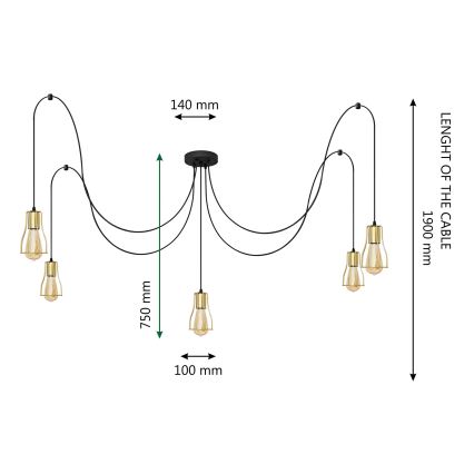 Hanglamp aan een koord TUBE 5xE27/15W/230V spin zwart/goud