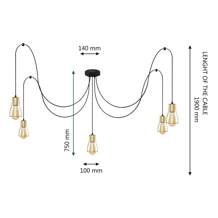 Hanglamp aan een koord TUBE 5xE27/15W/230V spin zwart/goud