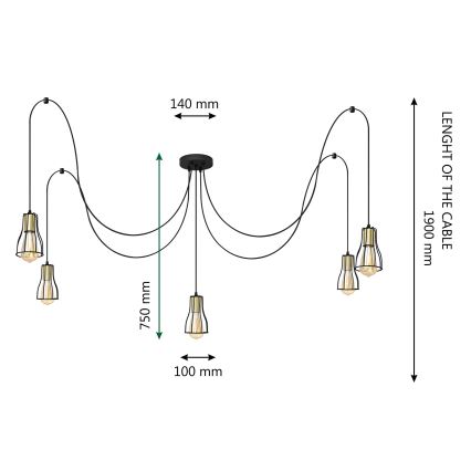 Hanglamp aan een koord TUBE 5xE27/15W/230V spin zwart/goud