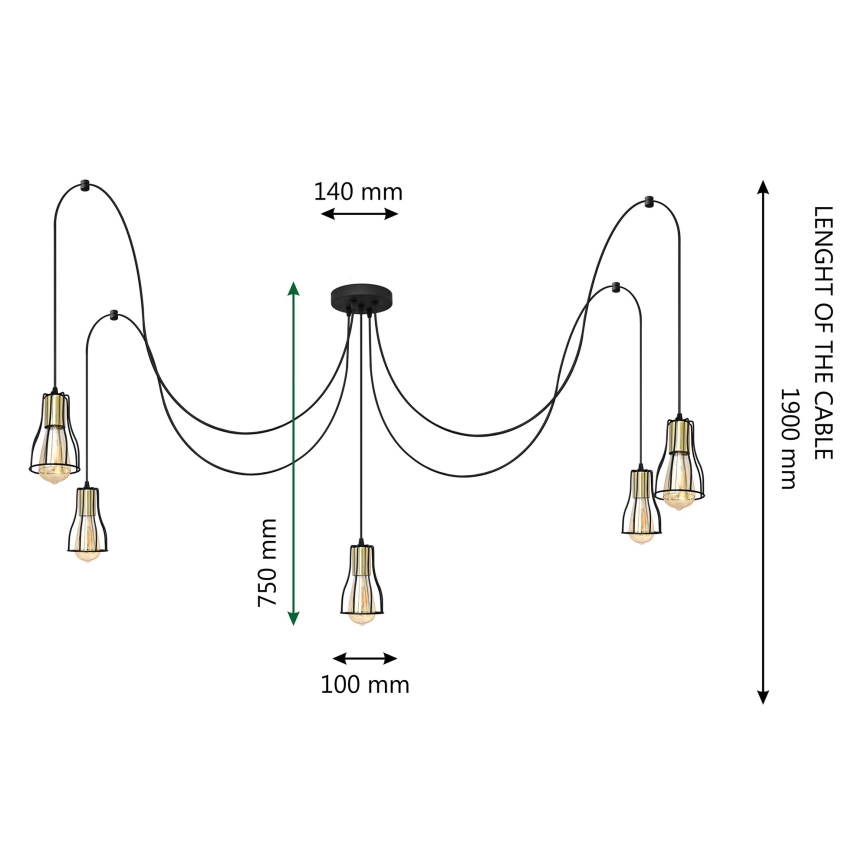 Hanglamp aan een koord TUBE 5xE27/15W/230V spin zwart/goud