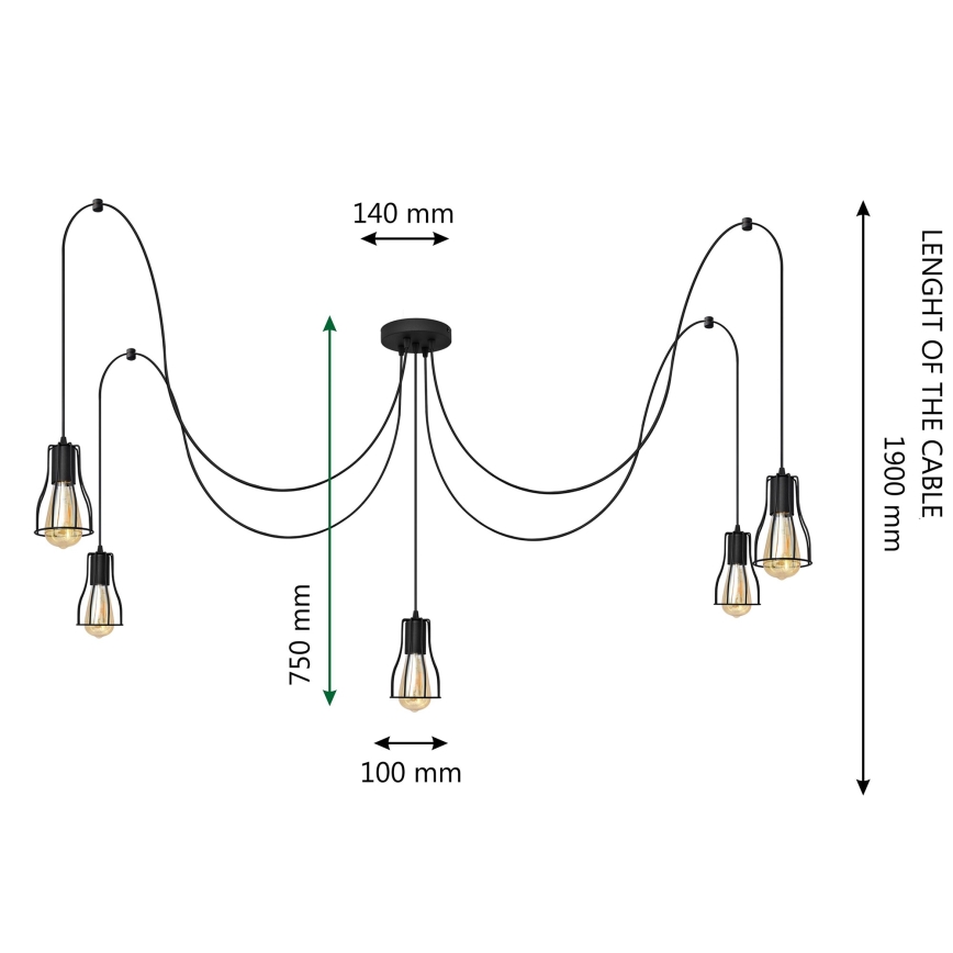 Hanglamp aan een koord TUBE 5xE27/15W/230V spin zwart