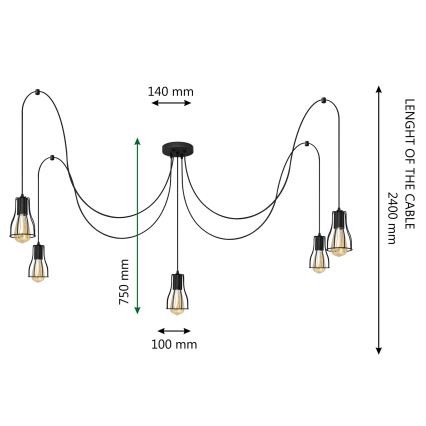 Hanglamp aan een koord TUBE LONG 5xE27/10W/230V zwart