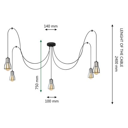 Hanglamp aan een koord TUBE LONG 5xE27/15W/230V zwart/glanzend chroom