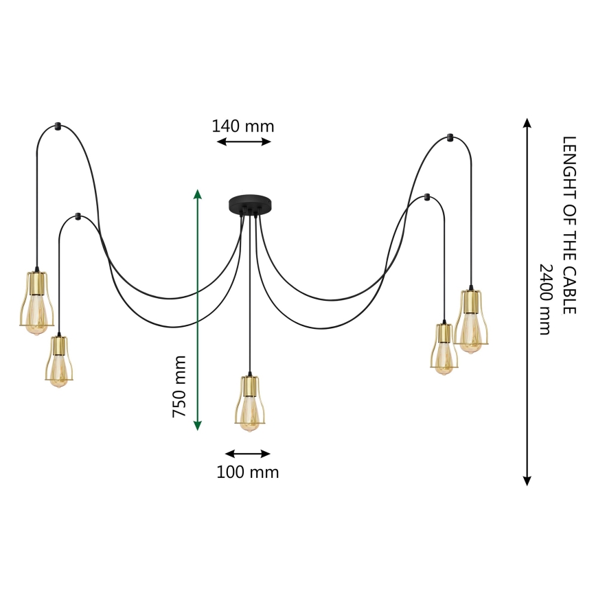 Hanglamp aan een koord TUBE LONG 5xE27/15W/230V zwart/goud