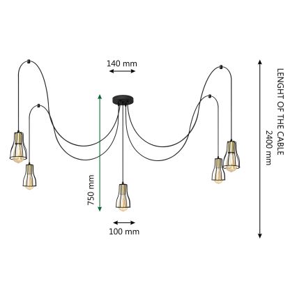 Hanglamp aan een koord TUBE LONG 5xE27/15W/230V zwart/goud