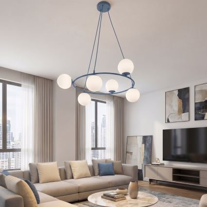 Hanglamp aan kabel AZURA 6xE14/10W/230V blauw/wit