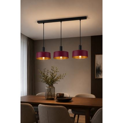 Hanglamp aan kabel HAKI 3xE27/60W/230V wijnrood/zwart