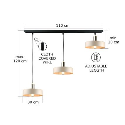 Hanglamp aan snoer LATTE 3xE27/60W/230V beige/zwart/goud