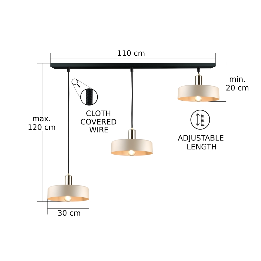 Hanglamp aan snoer LATTE 3xE27/60W/230V beige/zwart/goud