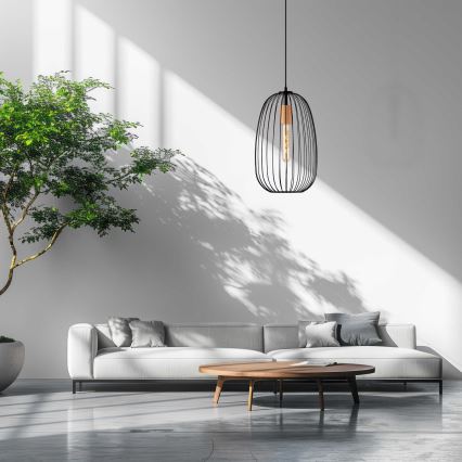 Hanglamp aan snoer OVELLA 1xE27/15W/230V Ø 25 cm zwart/grenen