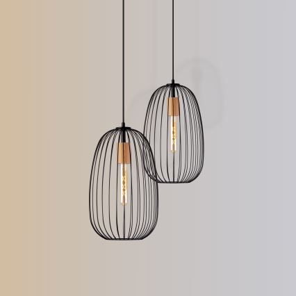 Hanglamp aan snoer OVELLA 1xE27/15W/230V Ø 25 cm zwart/grenen