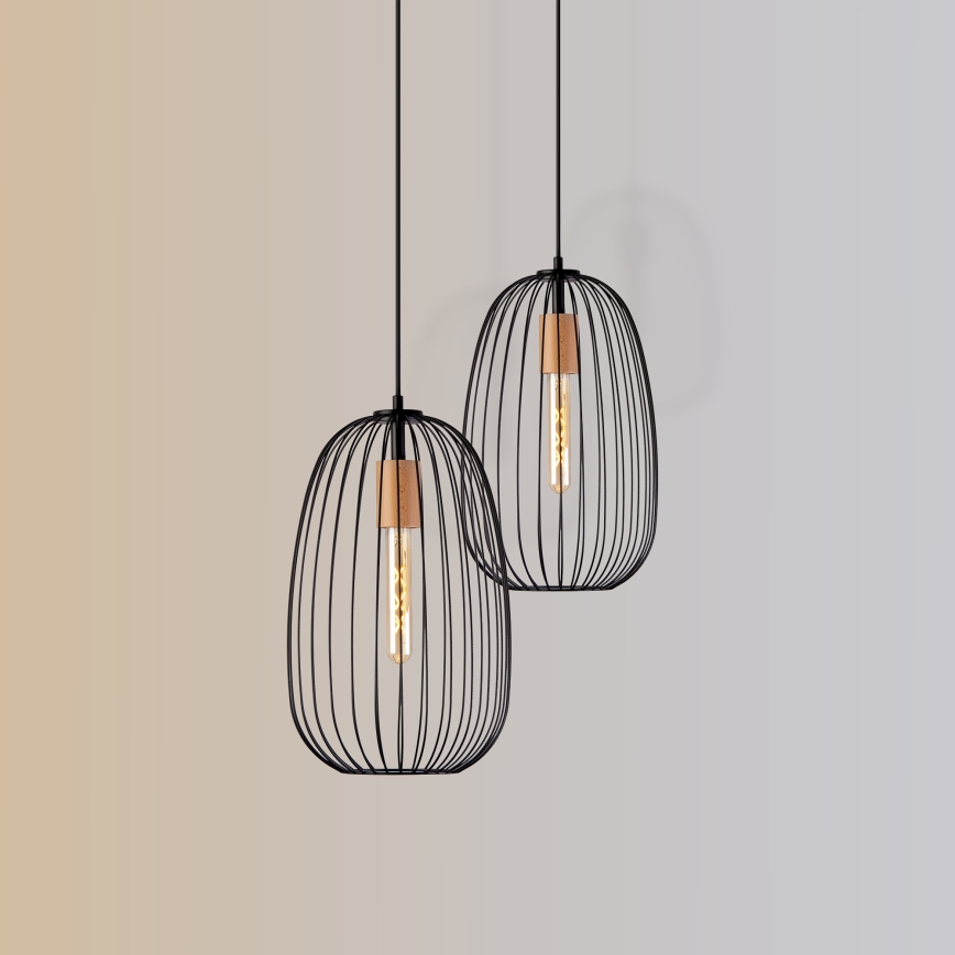 Hanglamp aan snoer OVELLA 1xE27/15W/230V Ø 25 cm zwart/grenen