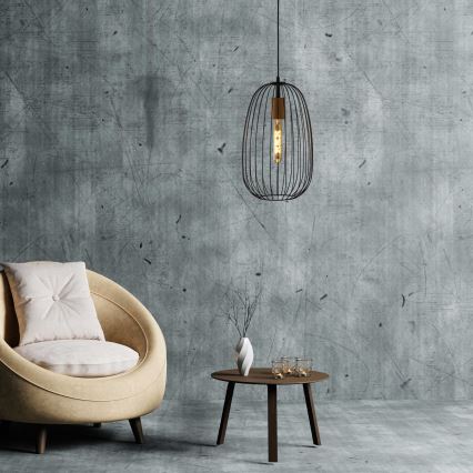 Hanglamp aan snoer OVELLA 1xE27/15W/230V Ø 25 cm zwart/grenen