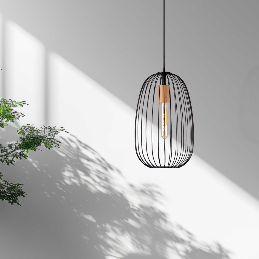 Hanglamp aan snoer OVELLA 1xE27/15W/230V Ø 25 cm zwart/grenen