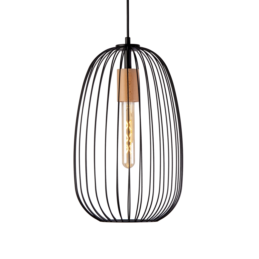 Hanglamp aan snoer OVELLA 1xE27/15W/230V Ø 25 cm zwart/grenen