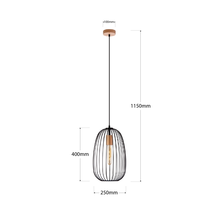 Hanglamp aan snoer OVELLA 1xE27/15W/230V Ø 25 cm zwart/grenen