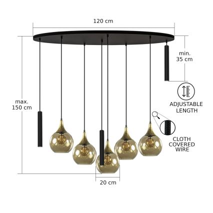 Hanglamp aan kabel CALYPSO 3xGU10/60W/230V + 5xE27/60W zwart/goud