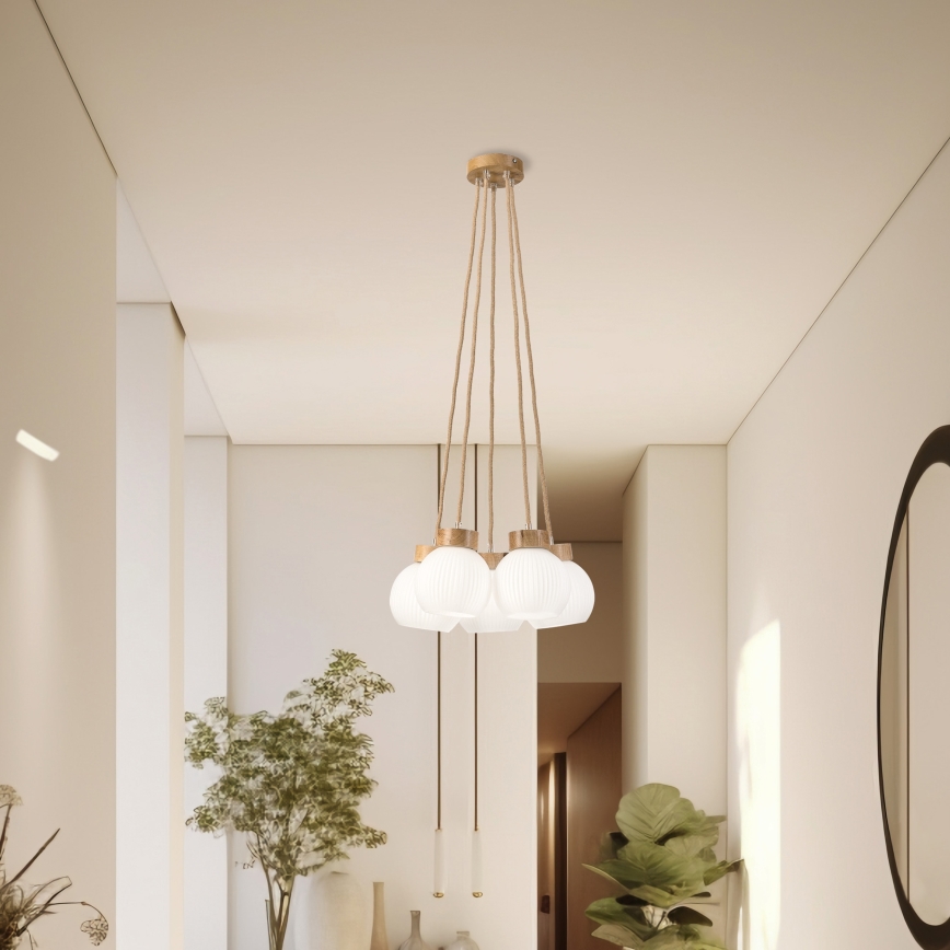 Hanglamp met snoer LOOMIS 5xE27/15W/230V 83 cm beige/eiken