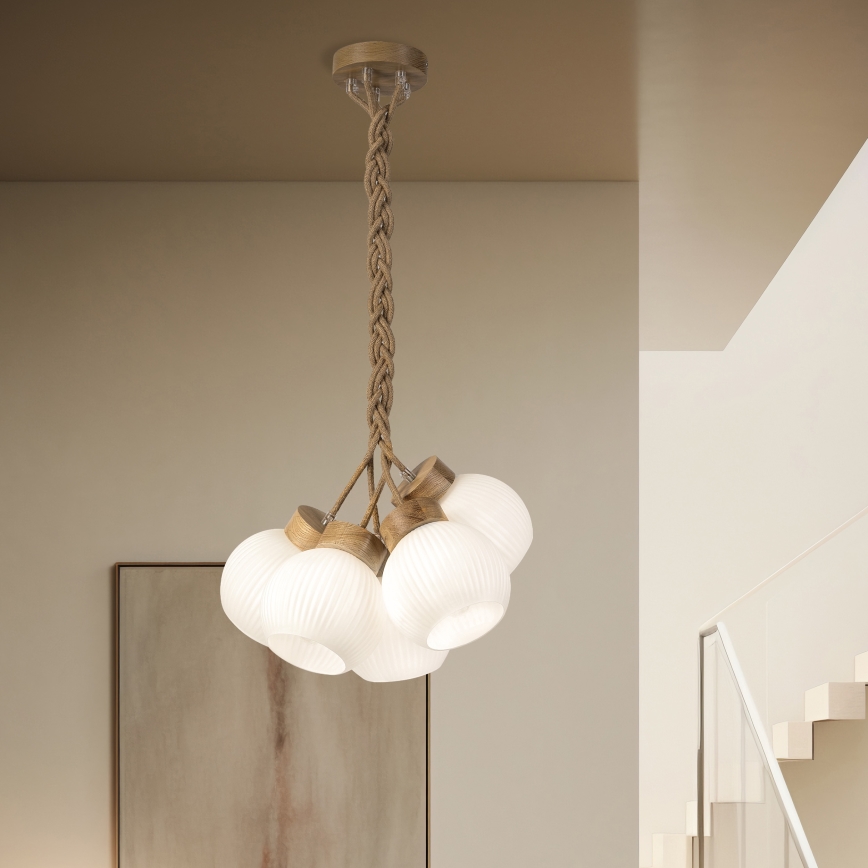 Hanglamp met snoer LOOMIS 5xE27/15W/230V 83 cm beige/eiken