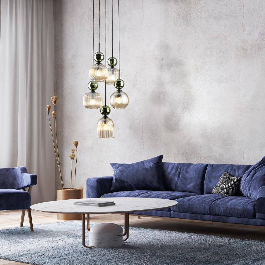 Hanglamp met snoer SOPHIA 5xE14/10W/230V zwart/groen/rookbeige